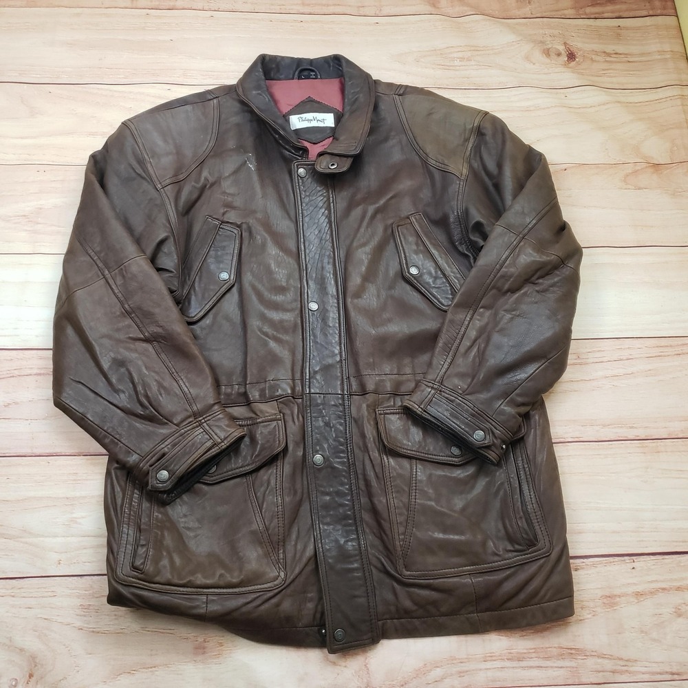 Philippe Monet Leather‎ Coat Mens Large Brown Insulated Zip Jacket Pockets Lined